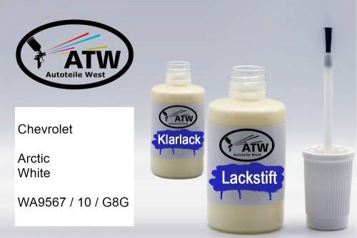 Chevrolet, Arctic White, WA9567 / 10 / G8G: 20ml Lackstift + 20ml Klarlack - Set, von ATW Autoteile West.